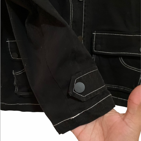 ModCloth Uncharted Territory Hooded Anorak Jacket in black with white stitching. - Picture 9 of 11